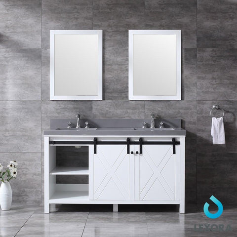 Marsyas 60" White Double Vanity | Grey Quartz Top | White Square Sinks and 24" Mirrors