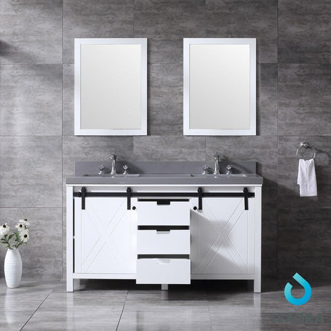 Image of Marsyas 60" White Double Vanity | Grey Quartz Top | White Square Sinks and 24" Mirrors