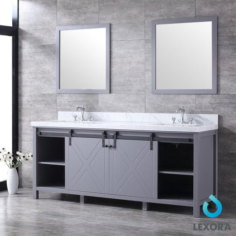 Image of Marsyas 80" Dark Grey Double Vanity | White Carrara Marble Top | White Square Sinks and 30" Mirrors