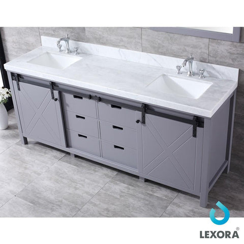 Image of Marsyas 80" Dark Grey Double Vanity | White Carrara Marble Top | White Square Sinks and 30" Mirrors