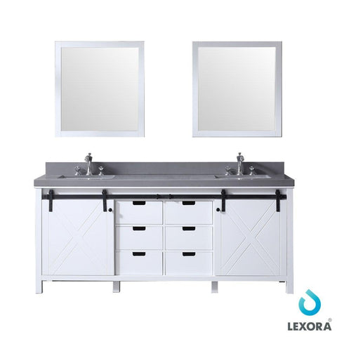 Image of Marsyas 80" White Double Vanity | Grey Quartz Top | White Square Sinks and 30" Mirrors