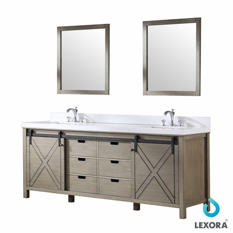Image of Marsyas 84" Ash Grey Double Vanity | White Quartz Top | White Square Sinks and 34" Mirrors