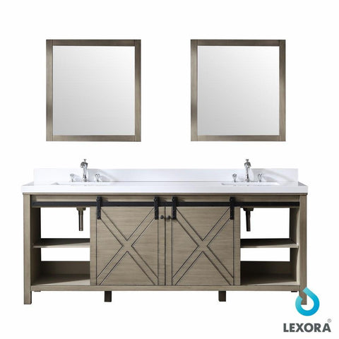 Image of Marsyas 84" Ash Grey Double Vanity | White Quartz Top | White Square Sinks and 34" Mirrors