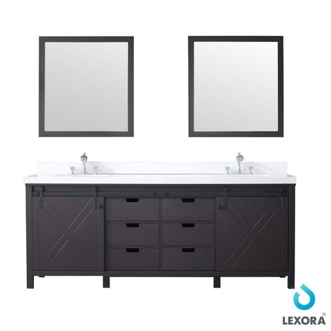 Image of Marsyas 84" Brown Double Vanity | White Quartz Top | White Square Sinks and 34" Mirrors