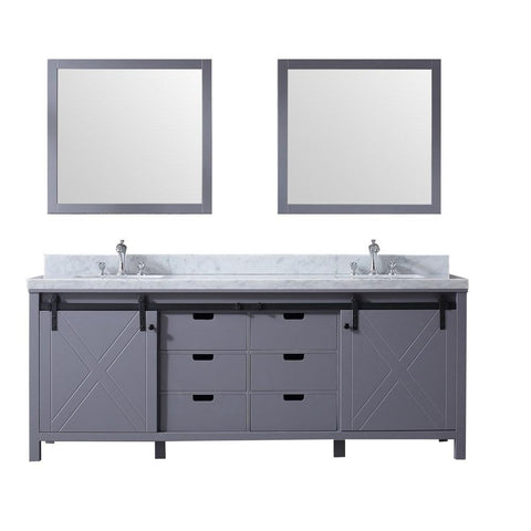 Marsyas 84" Dark Grey Double Vanity | White Carrara Marble Top | White Square Sinks and 34" Mirrors