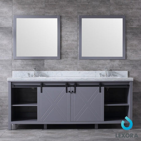 Image of Marsyas 84" Dark Grey Double Vanity | White Carrara Marble Top | White Square Sinks and 34" Mirrors