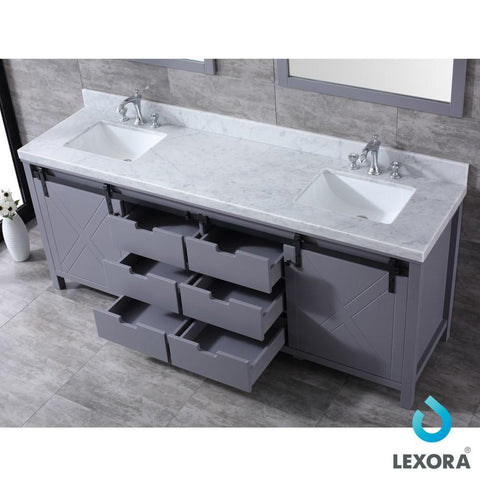 Image of Marsyas 84" Dark Grey Double Vanity | White Carrara Marble Top | White Square Sinks and 34" Mirrors