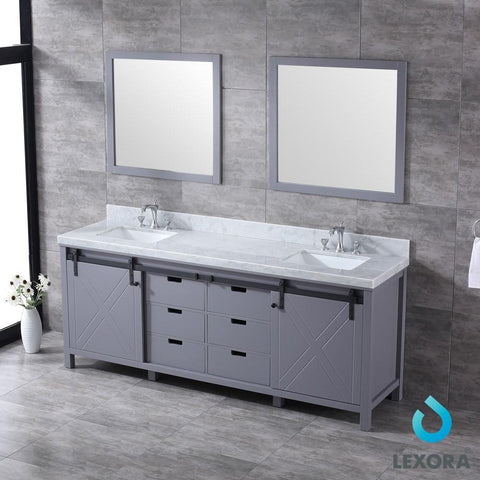 Marsyas 84" Dark Grey Double Vanity | White Carrara Marble Top | White Square Sinks and 34" Mirrors