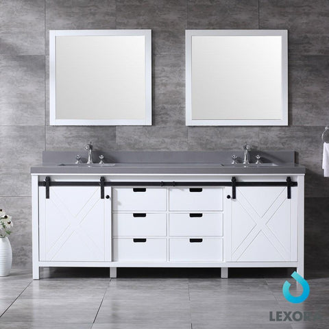 Image of Marsyas 84" White Double Vanity | Grey Quartz Top | White Square Sinks and 34" Mirrors