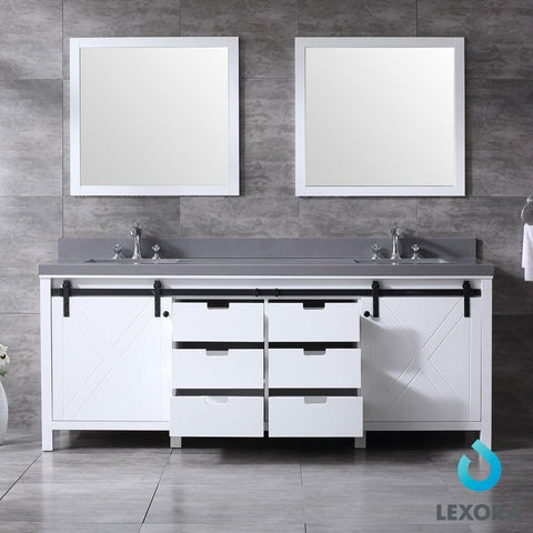 Image of Marsyas 84" White Double Vanity | Grey Quartz Top | White Square Sinks and 34" Mirrors