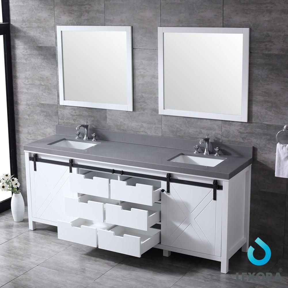 Marsyas 84" White Double Vanity | Grey Quartz Top | White Square Sinks and 34" Mirrors