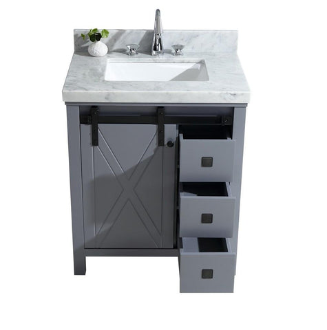 Image of Marsyas Veluti 30" Dark Grey Single Vanity | White Carrara Marble Top | White Square Sink and 28" Mirror