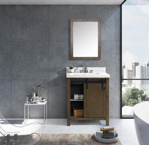 Image of Marsyas Veluti 30" Rustic Brown Single Vanity | White Quartz Top | White Square Sink and 28" Mirror
