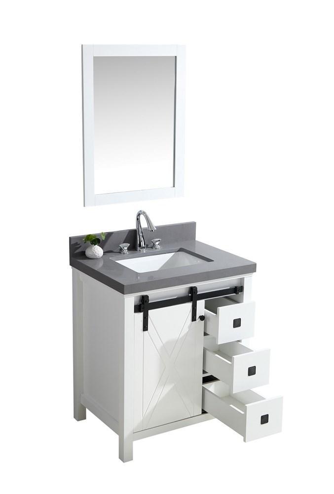Marsyas Veluti 30" White Single Vanity | Grey Quartz Top | White Square Sink and 28" Mirror