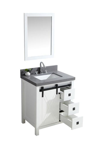 Image of Marsyas Veluti 30" White Single Vanity | Grey Quartz Top | White Square Sink and 28" Mirror