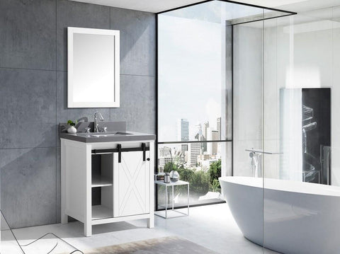 Image of Marsyas Veluti 30" White Single Vanity | Grey Quartz Top | White Square Sink and 28" Mirror
