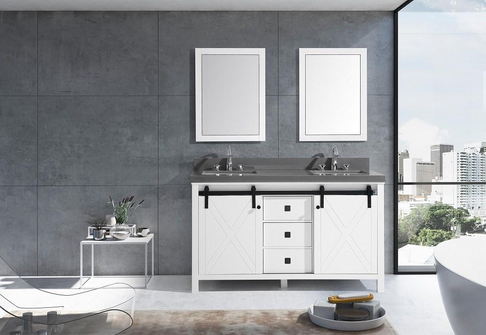 Marsyas Veluti 60" White Double Vanity | Grey Quartz Top | White Square Sinks and 24" Mirrors