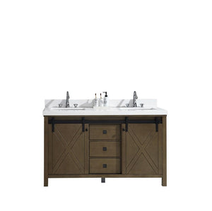 Marsyas Veluti 60" Rustic Brown Double Vanity | White Quartz Top | White Square Sinks and no Mirror