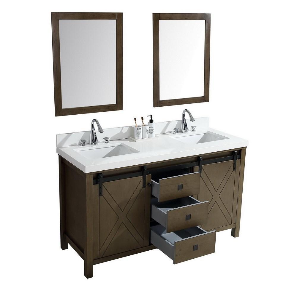 Marsyas Veluti 60" Rustic Brown Double Vanity | White Quartz Top | White Square Sinks and 24" Mirrors