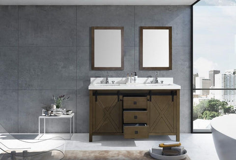 Image of Marsyas Veluti 60" Rustic Brown Double Vanity | White Quartz Top | White Square Sinks and 24" Mirrors