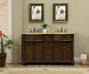 Stufurhome 60 inch Amelia Double Sink Vanity with Travertine Marble Top