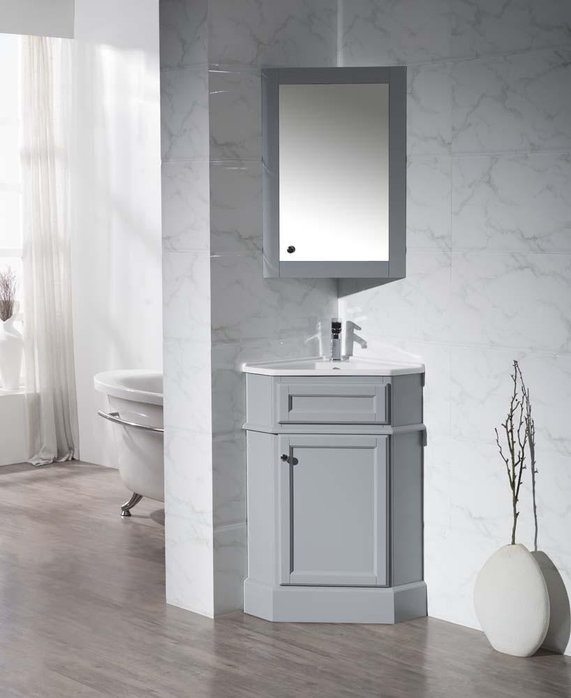 Stufurhome Hampton Grey 27 Inch Corner Bathroom Vanity with Medicine Cabinet TY-415GY