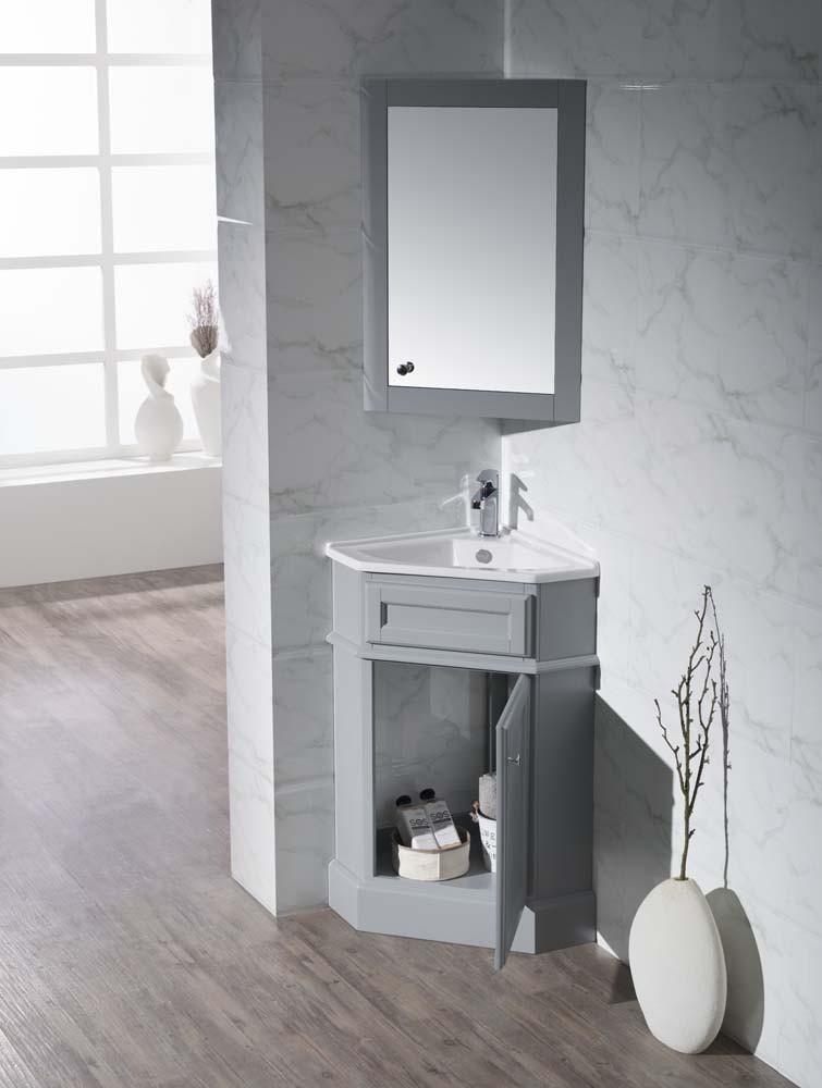 Stufurhome Hampton Grey 27 Inch Corner Bathroom Vanity with Medicine Cabinet TY-415GY