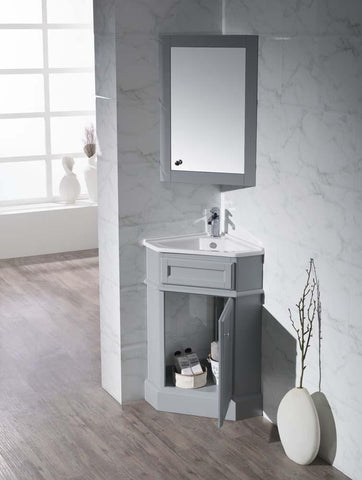 Image of Stufurhome Hampton Grey 27 Inch Corner Bathroom Vanity with Medicine Cabinet TY-415GY