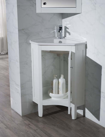 Image of Stufurhome Monte White 25 Inch Corner Bathroom Vanity with Medicine Cabinet TY-650PW
