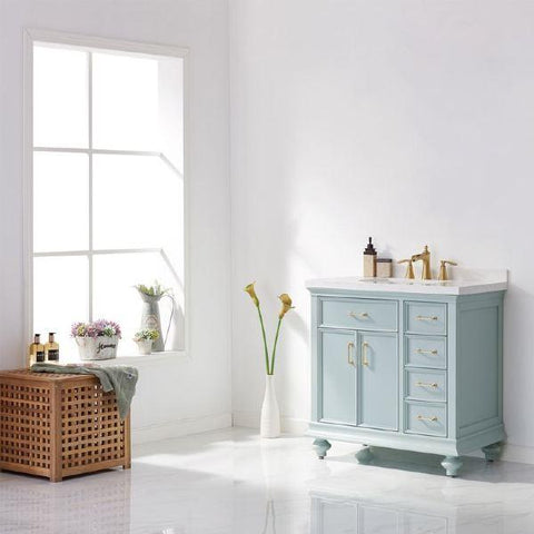 Image of Vinnova Charlotte 36" Transitional Green Vanity with Carrara White Composite Stone