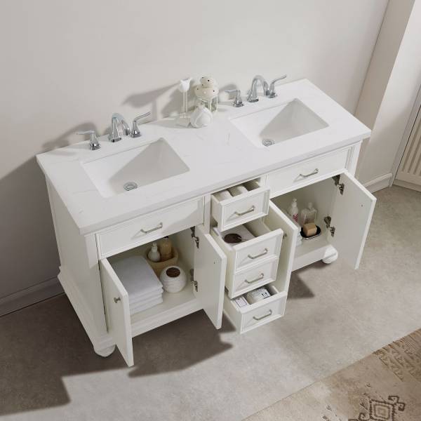 Vinnova Charlotte 60" Transitional White Double Sink Vanity 735060-WH-CQS-NM