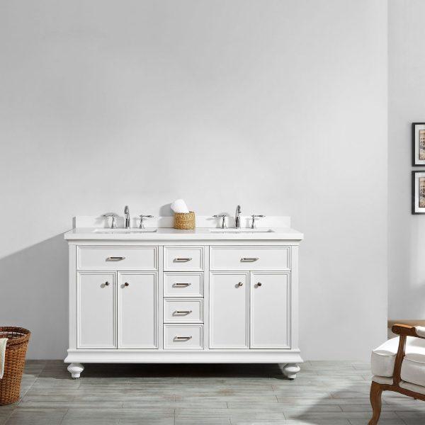 Vinnova Charlotte 60" Transitional White Double Sink Vanity 735060-WH-CQS-NM 735060-WH-CQS-NM