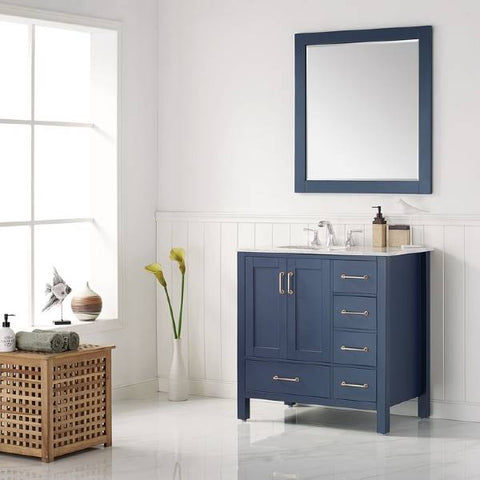 Image of Vinnova Gela 36" Modern Royal Blue Single Sink Vanity Set w/ Carrara Marble Countertop