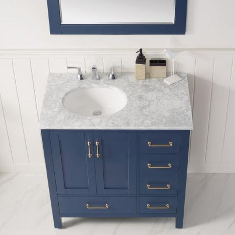 Image of Vinnova Gela 36" Modern Royal Blue Single Sink Vanity Set w/ Carrara Marble Countertop