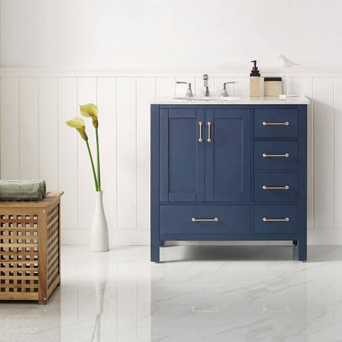 Image of Vinnova Gela 36" Modern Royal Blue Single Sink Vanity w/ Carrara Marble Countertop