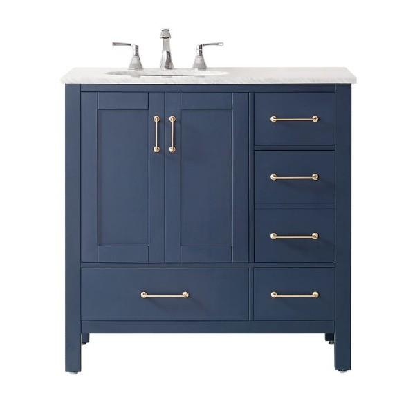 Vinnova Gela 36" Modern Royal Blue Single Sink Vanity w/ Carrara Marble Countertop