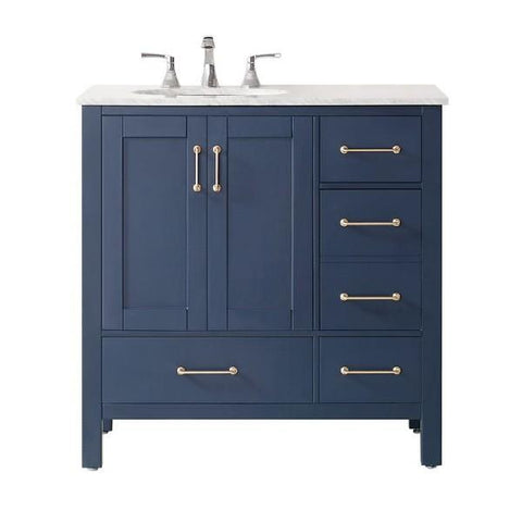 Image of Vinnova Gela 36" Modern Royal Blue Single Sink Vanity w/ Carrara Marble Countertop