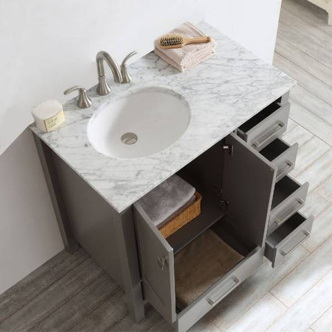 Image of Vinnova Gela 36" Modern Single Sink Vanity in Grey w/ Carrara Marble Countertop
