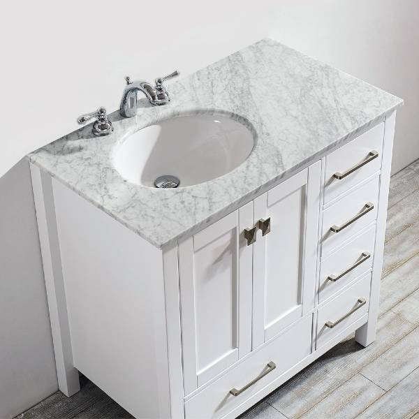 Vinnova Gela 36" Modern White Single Sink Vanity w/ Carrara Marble Countertop