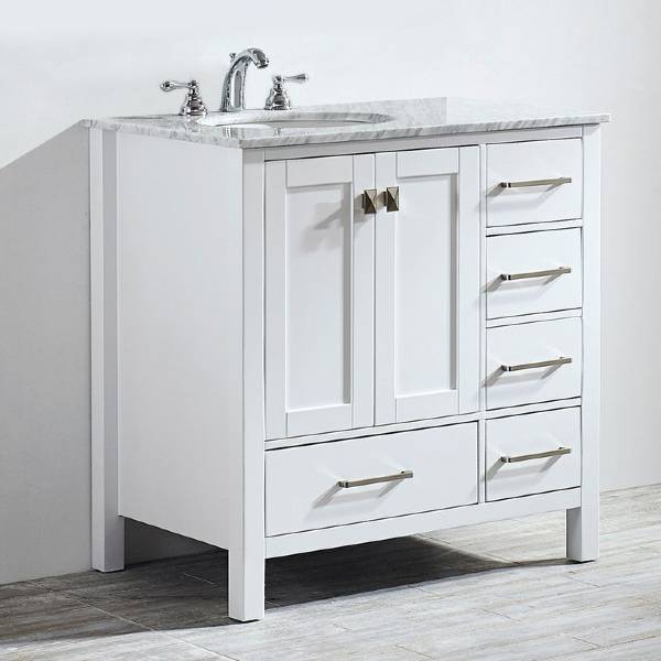 Vinnova Gela 36" Modern White Single Sink Vanity w/ Carrara Marble Countertop