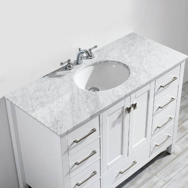 Vinnova Gela 48" Modern White Single Sink Vanity w/ Carrara Marble Countertop