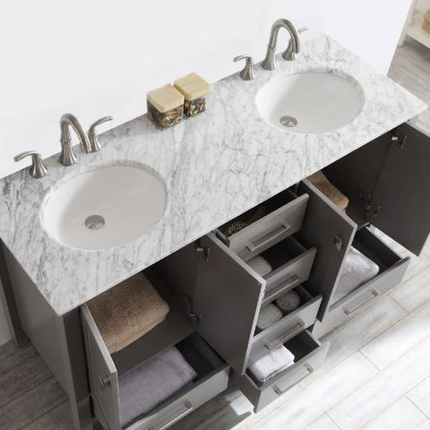 Image of Vinnova Gela 60" Modern Grey Double Sink Vanity w/ Carrara Marble Countertop 723060-GR-CA-NM