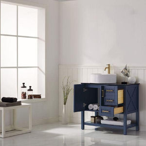 Vinnova Modena 36” Contemporary Royal Blue Single Sink Vanity with Glass Countertop