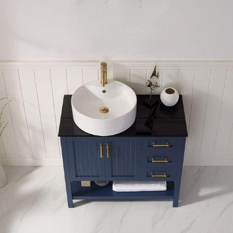 Image of Vinnova Modena 36” Contemporary Royal Blue Single Sink Vanity with Glass Countertop