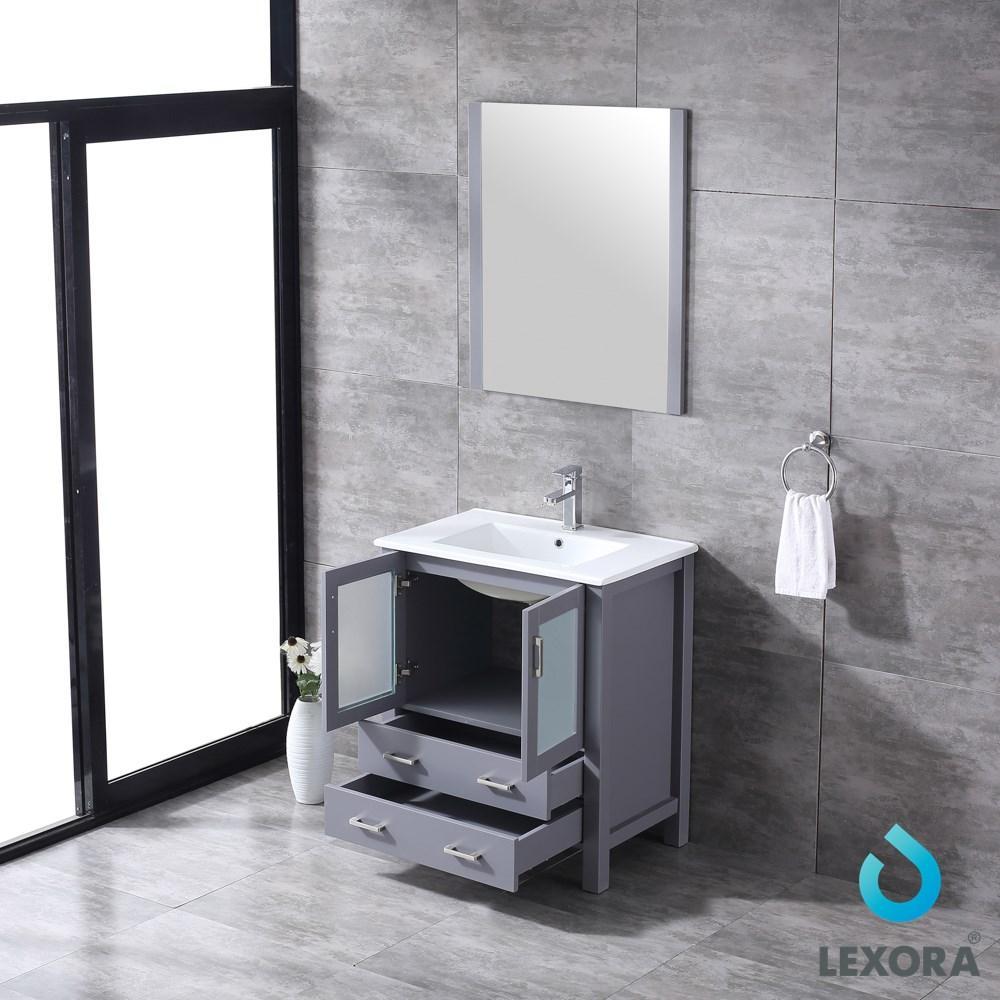 Volez 30" Dark Grey Single Vanity | Integrated Top | White Integrated Square Sink and 28" Mirror
