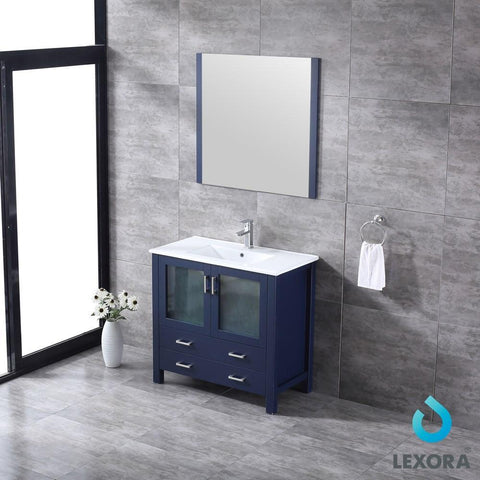 Image of Volez 36" Navy Blue Single Vanity | Integrated Top | White Integrated Square Sink and 34" Mirror