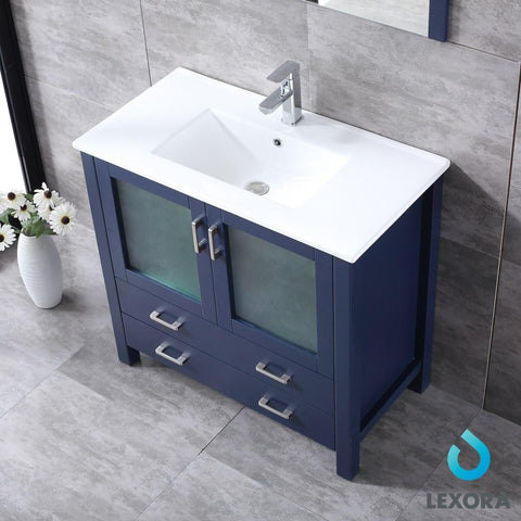 Image of Volez 36" Navy Blue Single Vanity | Integrated Top | White Integrated Square Sink and 34" Mirror