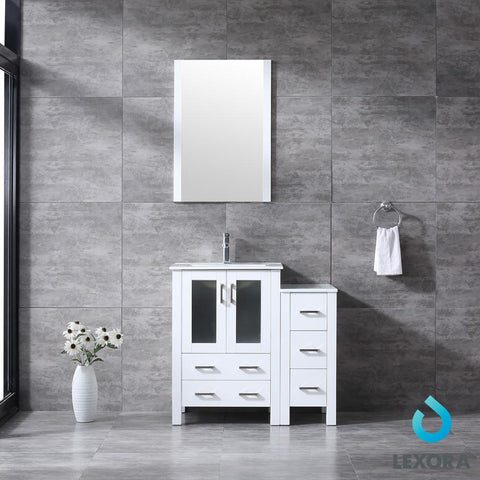 Image of Volez 36" White Single Vanity w/ Side Cabinet | Integrated Top | White Integrated Square Sink and 22" Mirror