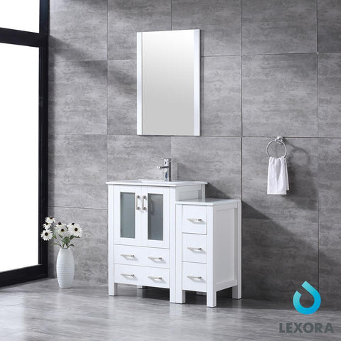 Image of Volez 36" White Single Vanity w/ Side Cabinet | Integrated Top | White Integrated Square Sink and 22" Mirror