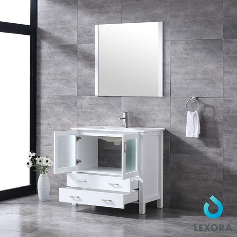 Image of Volez 36" White Single Vanity | Integrated Top | White Integrated Square Sink and 34" Mirror